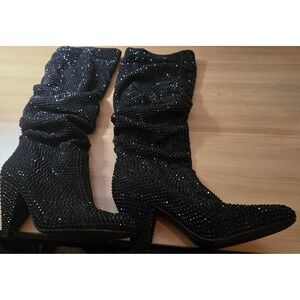 INC Gerii Pewter Rhinestone Sparkly Slouch Boots Women's Knee High Block Heel
